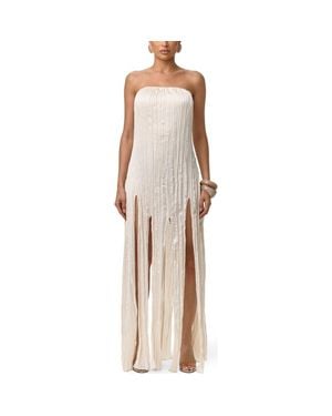 Naked Wardrobe Strapless Fring Detail Satin Plissé Dress - Natural