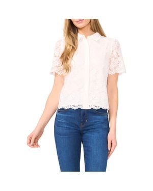 Cece Floral Lace Short Sleeve Button-Up Shirt - Blue