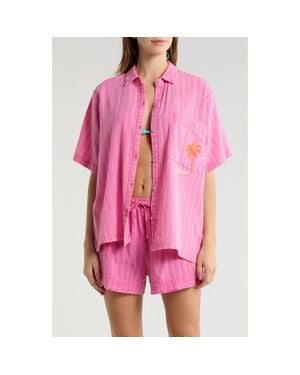 Rip Curl Hotel Malibu Embroidered Yarn Dyed Stripe Button-Up Shirt - Pink