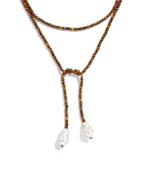 BaubleBar Faux Pearl & Faux Semi Precious Stone Wrap Necklace - Brown