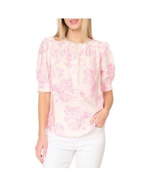 Gibsonlook Lace Trim Puff Sleeve Top - Pink