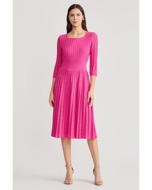 Ming Wang Linear Pointelle Tonal Knit Fit-N-Flare Midi Dress - Pink