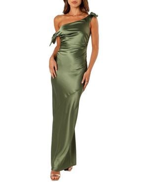 Petal & Pup Selma One-Shoulder Satin Gown - Green