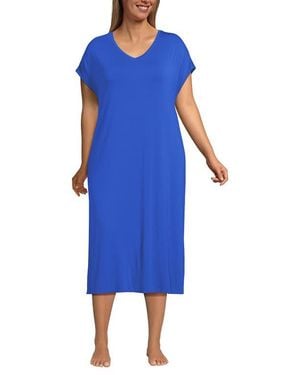 Lands' End Plus Size Cooling Cap Sleeve Midi Nightgown - Blue