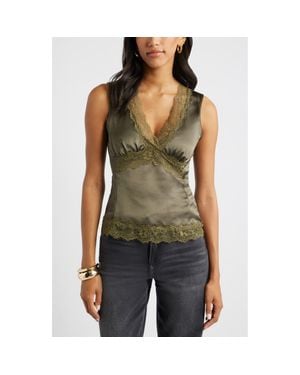 Open Edit Lace Trim Satin Tank - Green