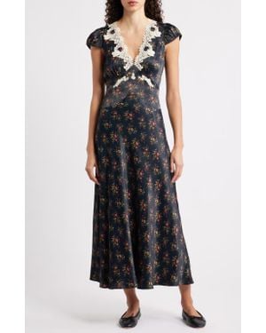 Doen Coraline Lace Detail Floral Satin Maxi Dress - Black