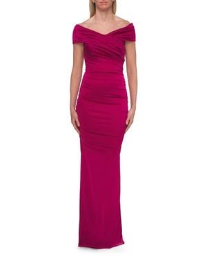 La Femme Off-The-Shoulder Ruched Satin Evening Gown - Red