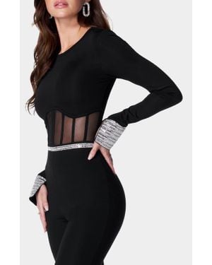 Bebe Rhinestone Mesh Jumpsuit - Black