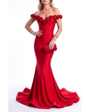 Jessica Angel Rosette Off-Shoulder Corset Mermaid Gown - Red