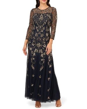 Adrianna Papell Beaded Long Sleeve Goddet Gown - Black