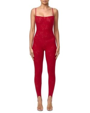 Naked Wardrobe Lace Stretch Lace Stirrup Jumpsuit - Red