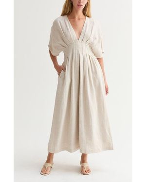 Crescent Pleated Linen Midi Dress - Natural