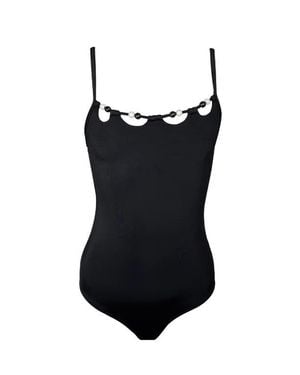 NESSI BYRD Minimalist Pearl-Accented Scalloped Neckline One-Piece Swimsuit - Black