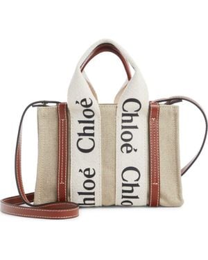 Chloé Small Woody Logo Strap Linen Tote - Natural