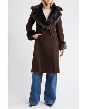 Via Spiga Double Breasted Wool Blend Coat With Faux Fur Trim - Black