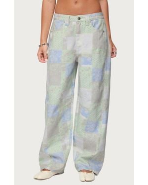 Edikted Patchwork Print Low Rise Wide Leg Jeans - Blue