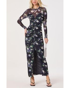 Astr Floral Ruched Long Sleeve Mesh Dress - Multicolor