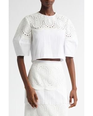 Lela Rose Iris Crochet Lace & Poplin Crop Top - White