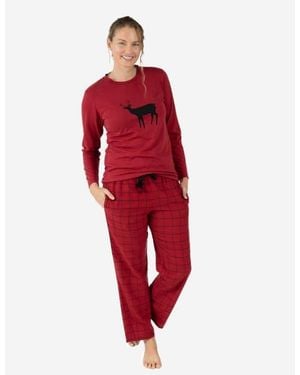 Leveret Cotton Top & Flannel Pants Printed Holiday Pajama Set - Red