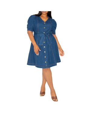 Buxom Couture Puff Sleeve Tie Belt Denim Shirtdress - Blue