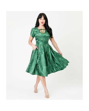 Unique Vintage Short Petal Sleeve Tie Neck Dahlia Swing Dress - Green