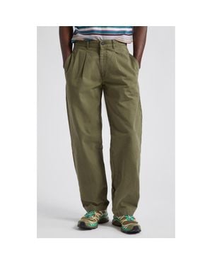 Noah Double Pleat Cotton Herringbone Pants - Green