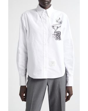 Thom Browne Embroidered Cotton Poplin Button-Down Shirt - White