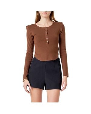 Endless Rose Shoulder Pad Rib Knit Top - Blue