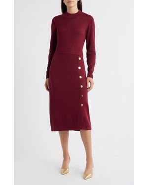 Julia Jordan Button Mock Neck Long Sleeve Midi Dress - Red