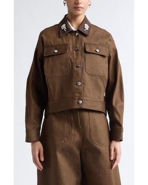 Simone Rocha Embellished Crop Utility Pocket Denim Workwear Jacket - Brown