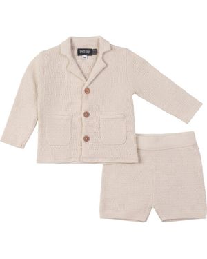 Space Grey Textured Knit Blazer And Shorts Set - Natural