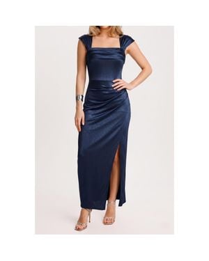 Popilush Liquid Metallic Fabric Off Shoulder Shine Ruched Sculpting Maxi Shapewear Dress - Blue