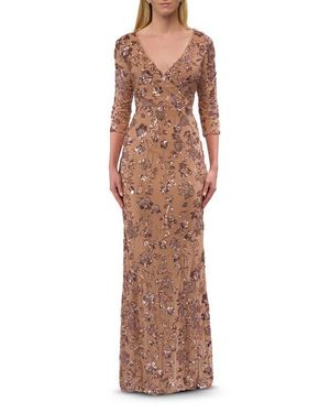 La Femme Beaded Fitted Gown With A Stretch Fabric And V Neckline - Brown