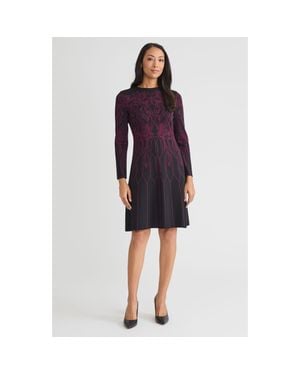 Ming Wang Flared Floral Jacquard Soft Knit Dress - Purple