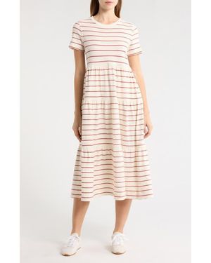 Marine Layer Luxe Stripe Tiered Sueded Cotton Dress - Natural