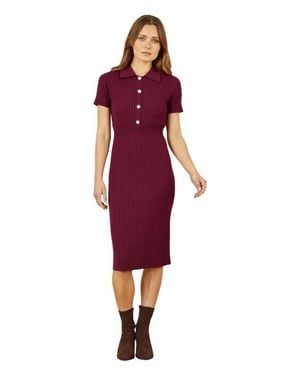 Yumi' Fitted Rib Knitted Midi Dress - Red