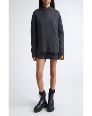 Sacai Mixed Media Long Sleeve Wool Suiting & Knit Sweater Dress - Black