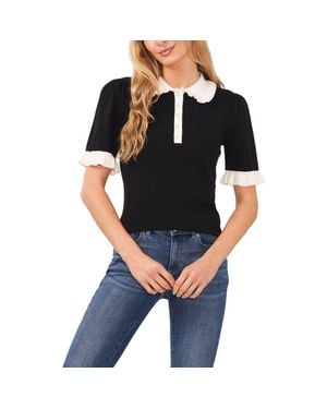 Cece Contrast Trim Short Sleeve Polo Sweater - Black