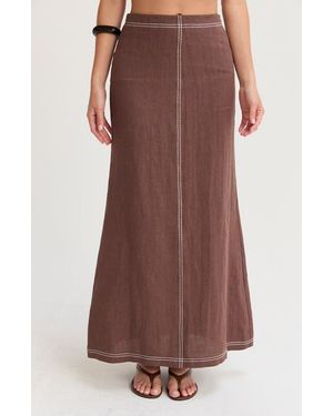 Crescent Embroidered Contrast Stitch Linen Maxi Skirt - Brown