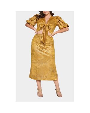 L I V D Cheetah Print Foil Tie Front Ponte Crop Top & Skirt Set - Yellow