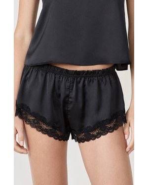Etam Attitude Lace Trim Satin Shorts - Black