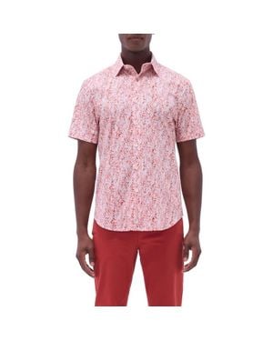Bugatchi Orson Trim Fit Leaf Print Short Sleeve Stretch Cotton Button-Up Shirt - Red