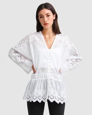 Belle & Bloom Unbutton Me Eyelet Button Down Shirt - White