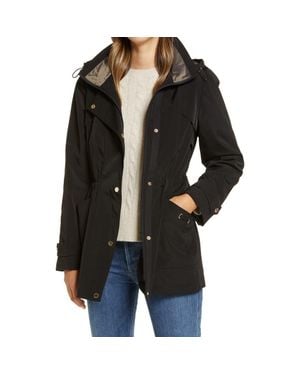 Gallery Cinched Waist Hooded Water Resistant Raincoat - Black