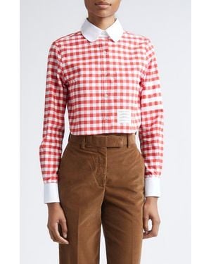 Thom Browne 4-Bar Gingham Check Flannel Crop Button-Up Shirt - Red