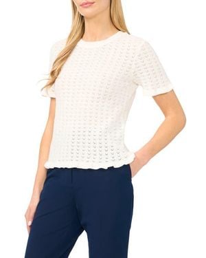 Halogen® Ruffle Trim Pointelle Stitch Short Sleeve Sweater - White