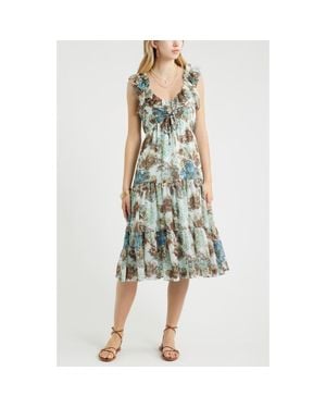Treasure & Bond Print Ruffle Trim Tiered Midi Dress - Green