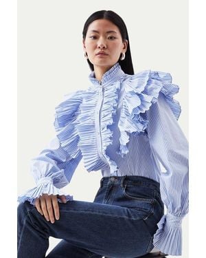 Karen Millen Pleated Striped Ruffle Woven Shirt - Blue