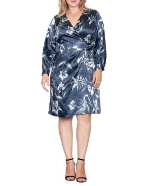 Standards & Practices Floral Print Long Sleeve Faux Wrap Satin Dress - Blue