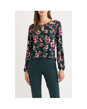 Anne Klein Floral Keyhole Long Sleeve Top - Green
